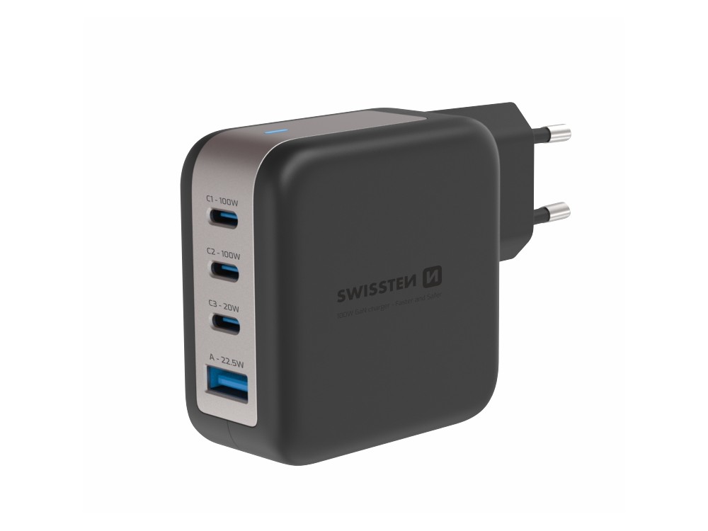 Swissten GaN Charger, Φορτιστής πρίζας 4-θυρών 100W Type-C με PD / PPS, Black