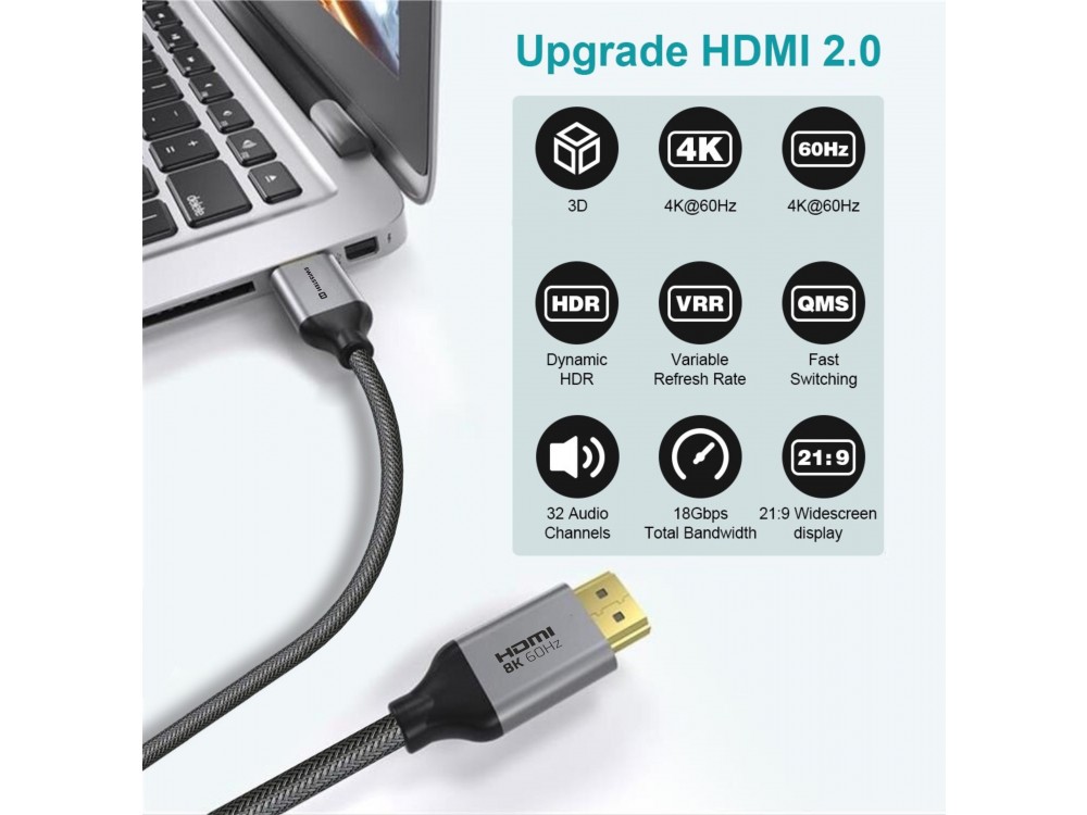 Swissten HDMI v2.0 Καλώδιο 2μ. Επιχρυσωμένο με Νάυλον Ύφανση 4Κ@60Hz & Υποστήριξη HDR