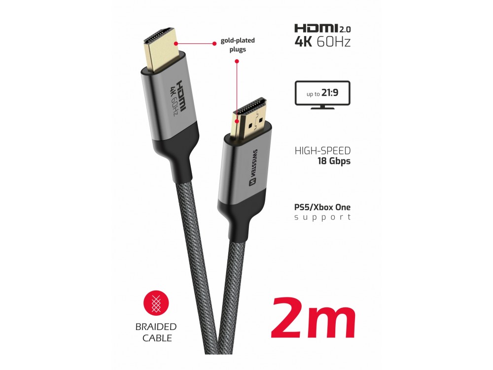 Swissten HDMI v2.0 Καλώδιο 2μ. Επιχρυσωμένο με Νάυλον Ύφανση 4Κ@60Hz & Υποστήριξη HDR