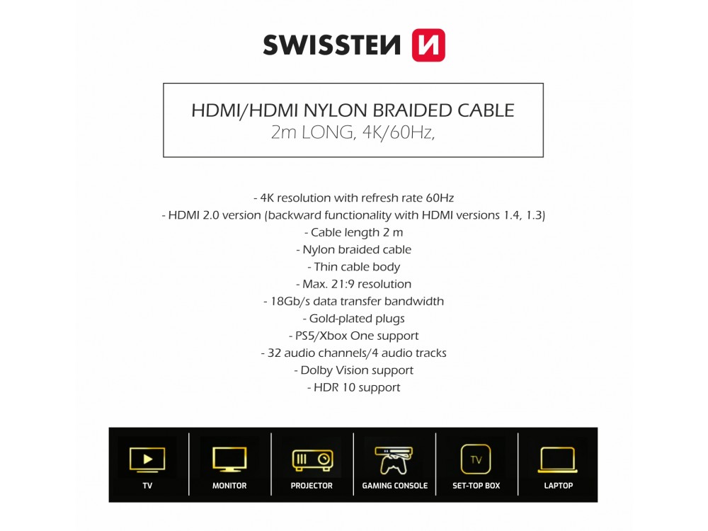 Swissten HDMI v2.0 Καλώδιο 2μ. Επιχρυσωμένο με Νάυλον Ύφανση 4Κ@60Hz & Υποστήριξη HDR