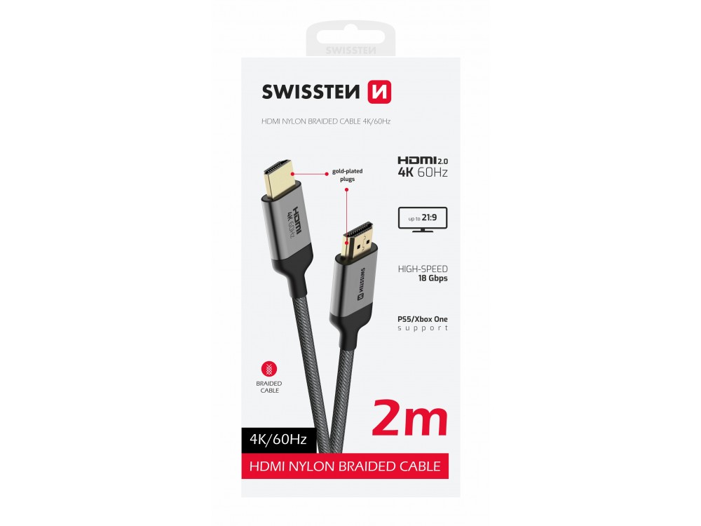 Swissten HDMI v2.0 Καλώδιο 2μ. Επιχρυσωμένο με Νάυλον Ύφανση 4Κ@60Hz & Υποστήριξη HDR