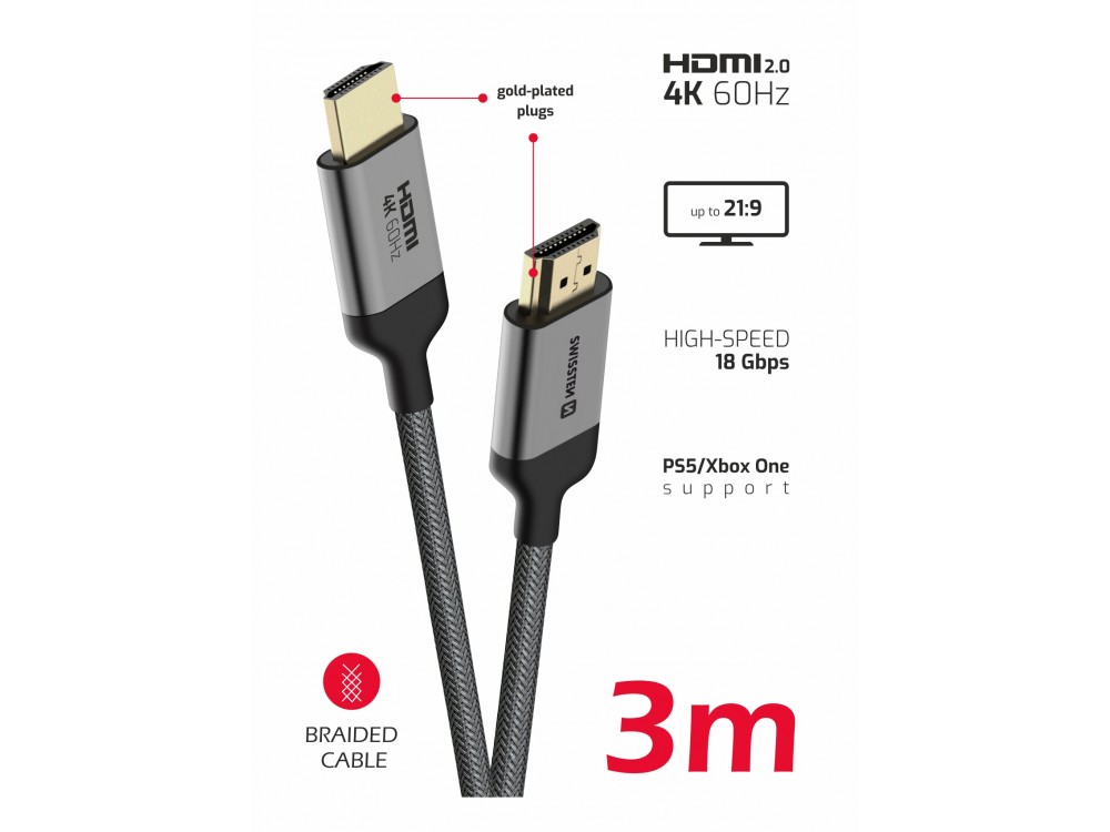 Swissten HDMI v2.0 Καλώδιο 3μ. Επιχρυσωμένο με Νάυλον Ύφανση 4Κ@60Hz & Υποστήριξη HDR