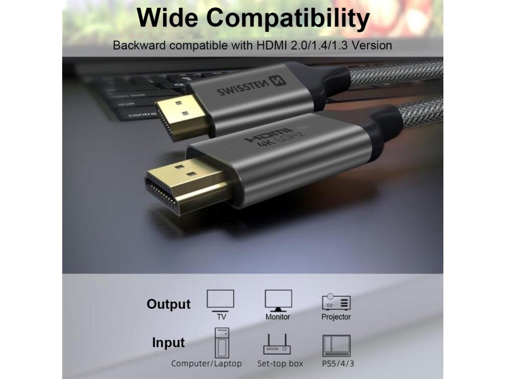 Swissten HDMI v2.0 Καλώδιο 3μ. Επιχρυσωμένο με Νάυλον Ύφανση 4Κ@60Hz & Υποστήριξη HDR
