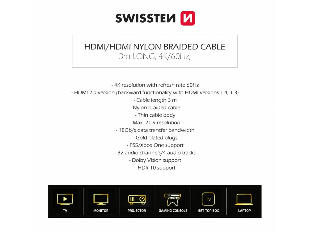 Swissten HDMI v2.0 Καλώδιο 3μ. Επιχρυσωμένο με Νάυλον Ύφανση 4Κ@60Hz & Υποστήριξη HDR