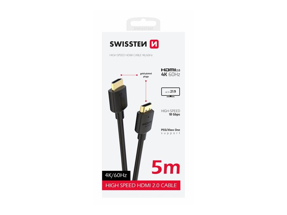 Swissten HDMI v2.0 Cable 5m. Gold Plated 4K@60Hz & HDR Support
