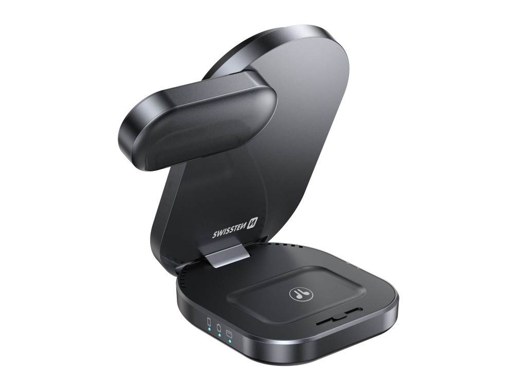 Swissten MagBase 3-in-1 Qi2 15W Ασύρματος Μαγνητικός Φορτιστής MagSafe για iPhone, AirPods & Apple Watch, Black