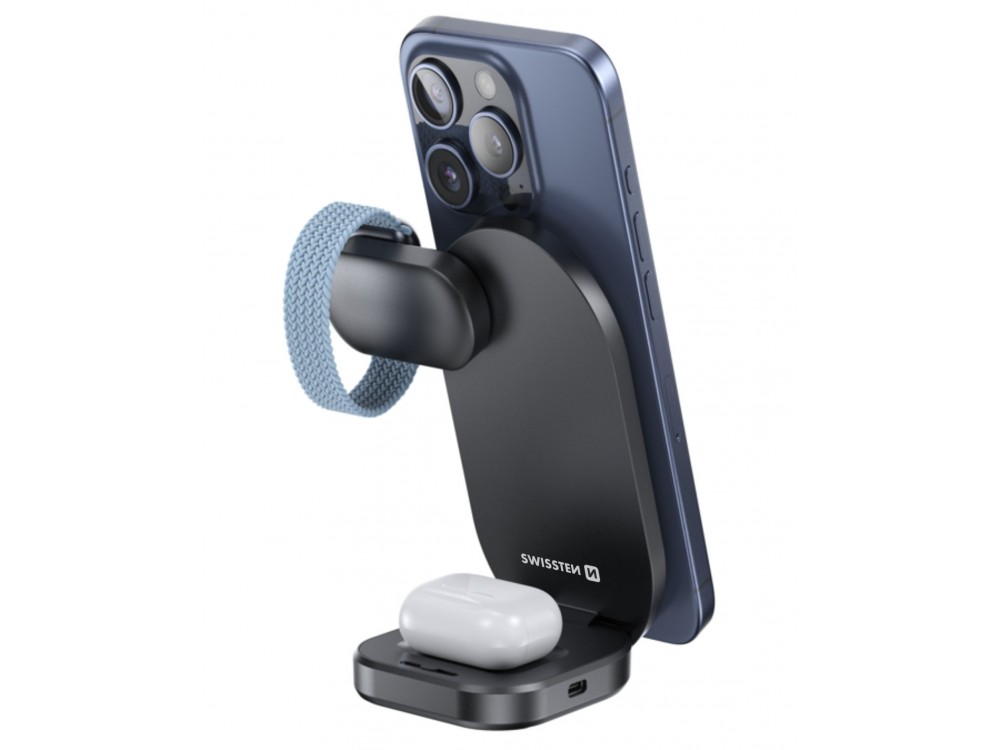 Swissten MagBase 3-in-1 Qi2 15W Ασύρματος Μαγνητικός Φορτιστής MagSafe για iPhone, AirPods & Apple Watch, Black