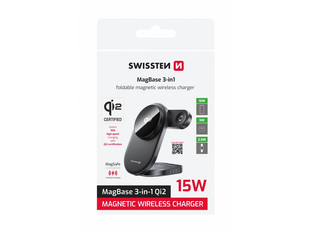 Swissten MagBase 3-in-1 Qi2 15W Ασύρματος Μαγνητικός Φορτιστής MagSafe για iPhone, AirPods & Apple Watch, Black