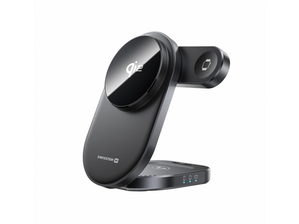 Swissten MagBase 3-in-1 Qi2 15W Ασύρματος Μαγνητικός Φορτιστής MagSafe για iPhone, AirPods & Apple Watch, Black
