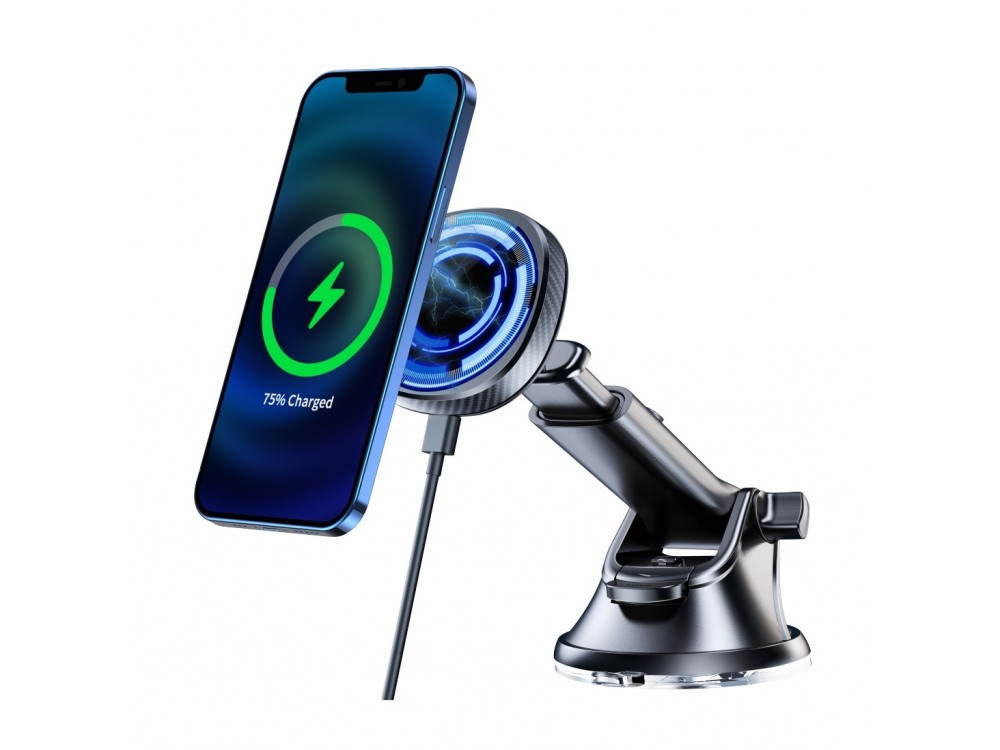 Swissten Magnetic Car Phone Mount, Ασύρματος Μαγνητικός Φορτιστής MagSafe Qi 15W & Βάση Ταμπλό / Παρμπρίζ για iPhone