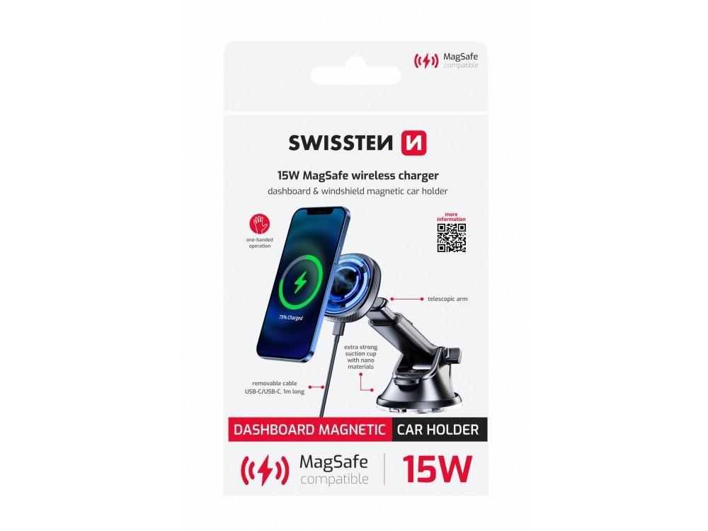 Swissten Magnetic Car Phone Mount, Ασύρματος Μαγνητικός Φορτιστής MagSafe Qi 15W & Βάση Ταμπλό / Παρμπρίζ για iPhone