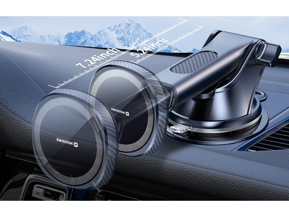 Swissten Magnetic Car Phone Mount, Ασύρματος Μαγνητικός Φορτιστής MagSafe Qi 15W & Βάση Ταμπλό / Παρμπρίζ για iPhone