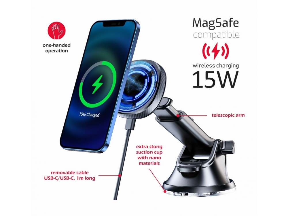 Swissten Magnetic Car Phone Mount, Ασύρματος Μαγνητικός Φορτιστής MagSafe Qi 15W & Βάση Ταμπλό / Παρμπρίζ για iPhone