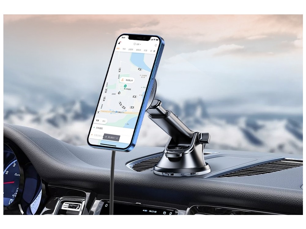 Swissten Magnetic Car Phone Mount, Ασύρματος Μαγνητικός Φορτιστής MagSafe Qi 15W & Βάση Ταμπλό / Παρμπρίζ για iPhone