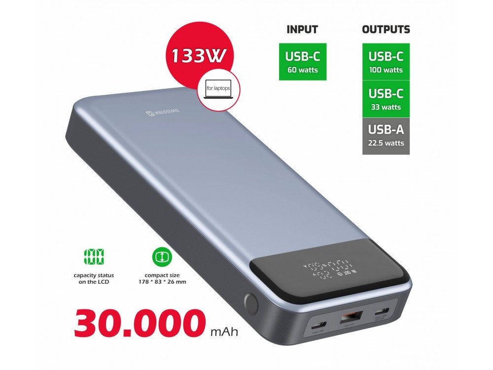 Swissten Power Bank 30000mAh για Laptop, 133W με Θύρα USB-A και 2 Θύρες USB-C Power Delivery / Quick Charge 3.0, Grey