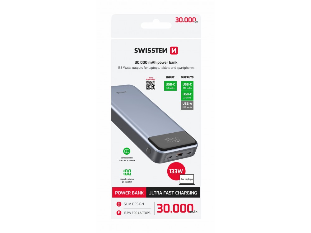 Swissten Power Bank 30000mAh για Laptop, 133W με Θύρα USB-A και 2 Θύρες USB-C Power Delivery / Quick Charge 3.0, Grey
