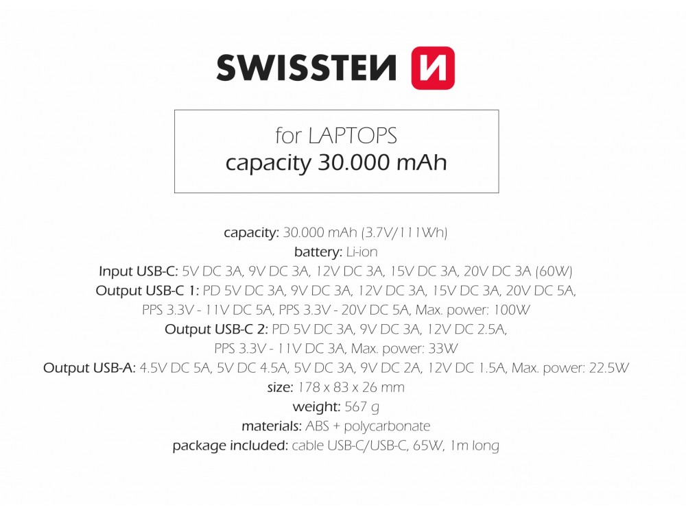 Swissten Power Bank 30000mAh για Laptop, 133W με Θύρα USB-A και 2 Θύρες USB-C Power Delivery / Quick Charge 3.0, Grey