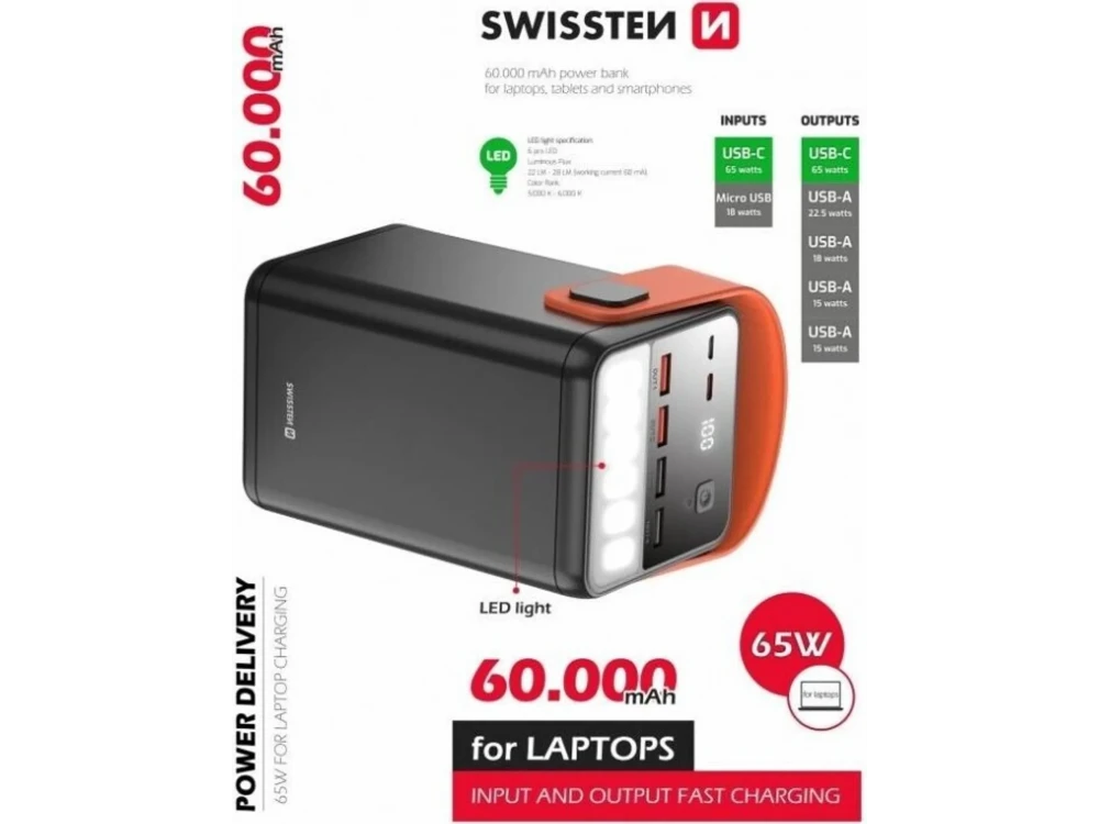 Swissten Power Line 60000 65W PD USB-C Power Bank 60,000mAh with Power Delivery + QC3.0 + SCP with Digital Display & LED Flashlight