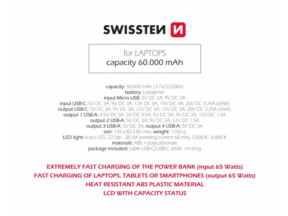 Swissten Power Line 60000 65W PD USB-C Power Bank 60,000mAh with Power Delivery + QC3.0 + SCP with Digital Display & LED Flashlight