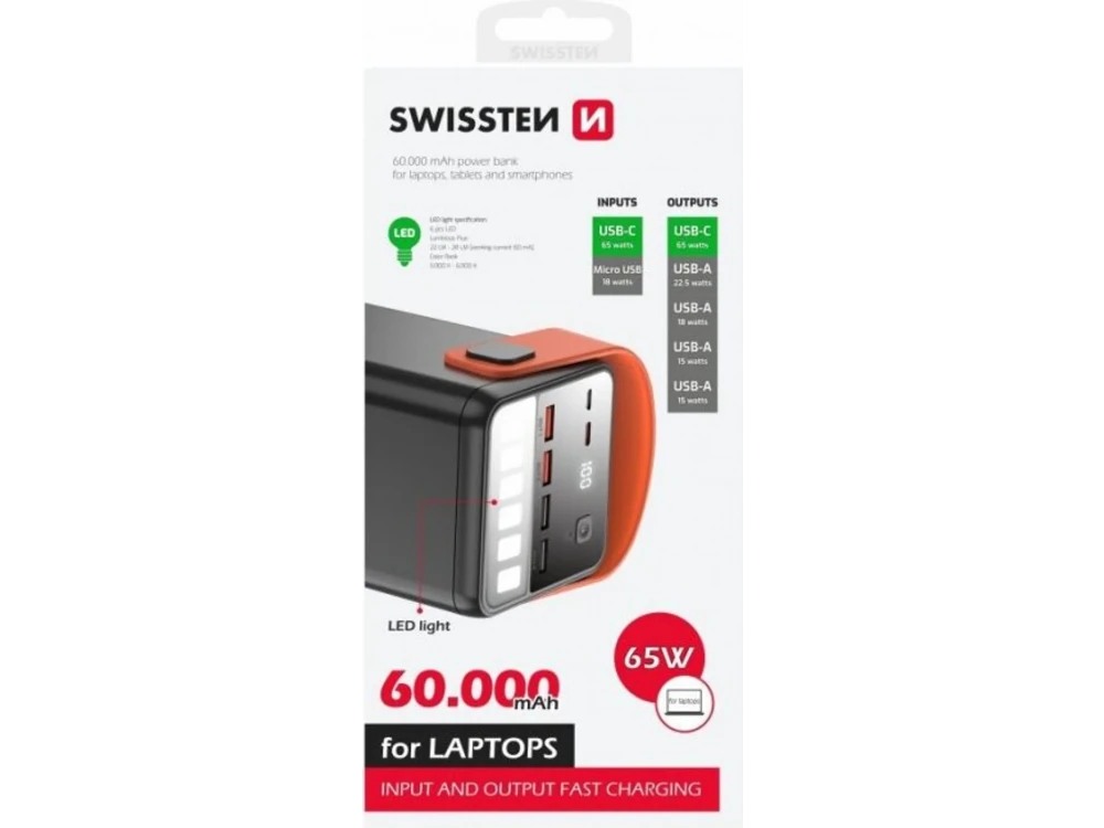 Swissten Power Line 60000 65W PD USB-C Power Bank 60,000mAh with Power Delivery + QC3.0 + SCP with Digital Display & LED Flashlight