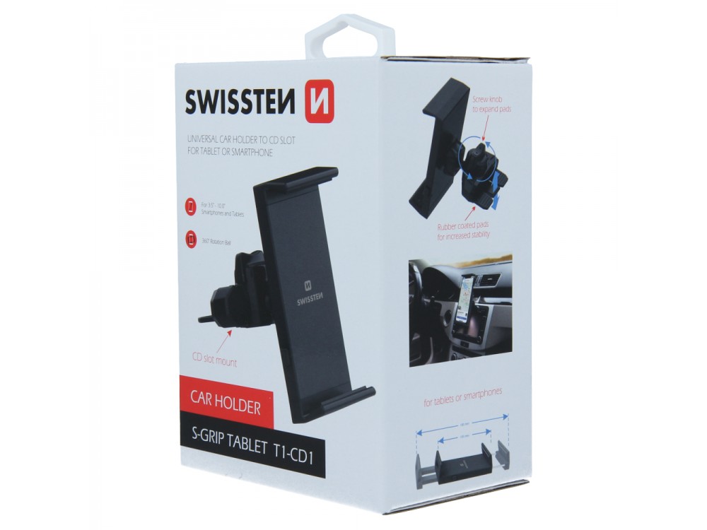 Swissten S-GRIP T1-CD1 Mobile and Tablet Holder, Fits Car CD, with Adjustable Hooks, Black