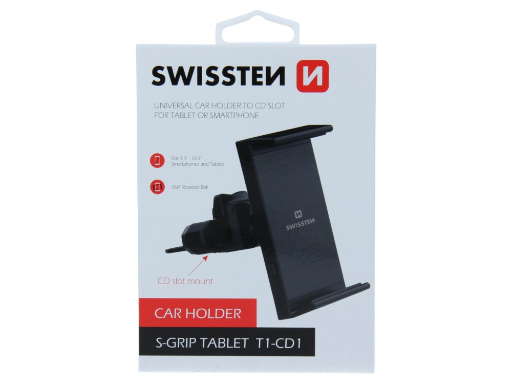 Swissten S-GRIP T1-CD1 Mobile and Tablet Holder, Fits Car CD, with Adjustable Hooks, Black