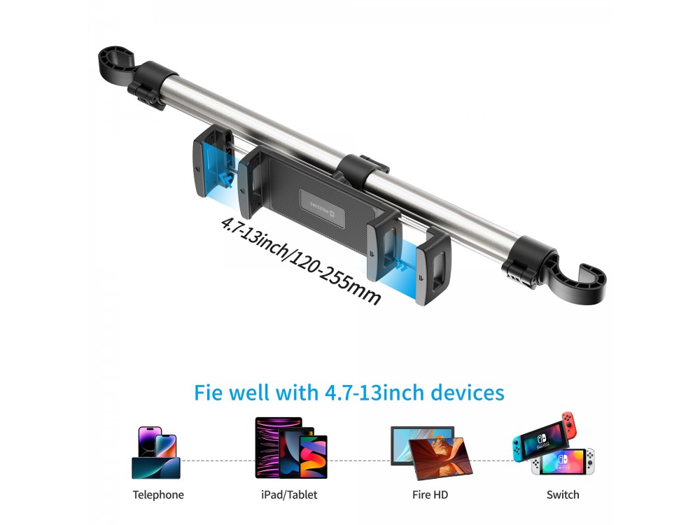 Swissten S-GRIP T2-MOP Tablet Holder for Car Headrest Βάση Tablet Αυτοκινήτου Επεκτεινόμενη & Ρυθμιζόμενα Άγκιστρα, Black
