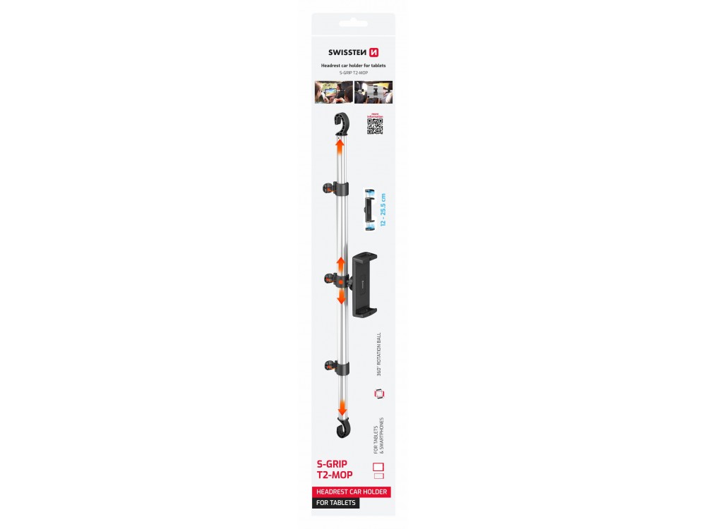 Swissten S-GRIP T2-MOP Tablet Holder for Car Headrest Βάση Tablet Αυτοκινήτου Επεκτεινόμενη & Ρυθμιζόμενα Άγκιστρα, Black