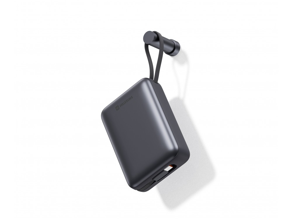 Swissten Space Power Bank 20.000mAh, 22.5W, με Θύρες USB-A, USB-C & 2 Ενσωματωμένα Καλώδια USB-C & Lightning, Black