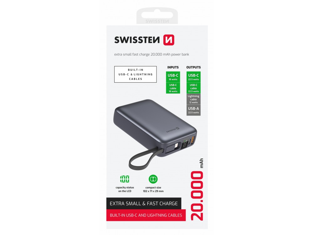 Swissten Space Power Bank 20.000mAh, 22.5W, με Θύρες USB-A, USB-C & 2 Ενσωματωμένα Καλώδια USB-C & Lightning, Black
