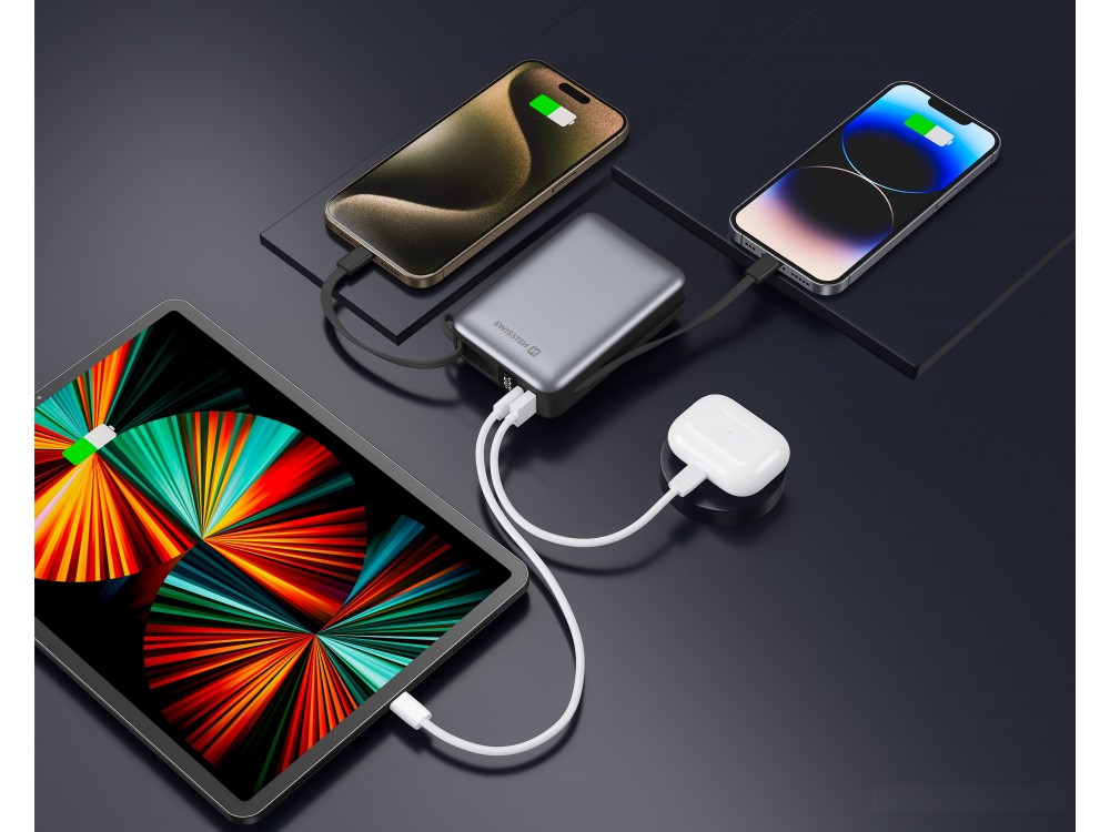 Swissten Space Power Bank 20.000mAh, 22.5W, με Θύρες USB-A, USB-C & 2 Ενσωματωμένα Καλώδια USB-C & Lightning, Black