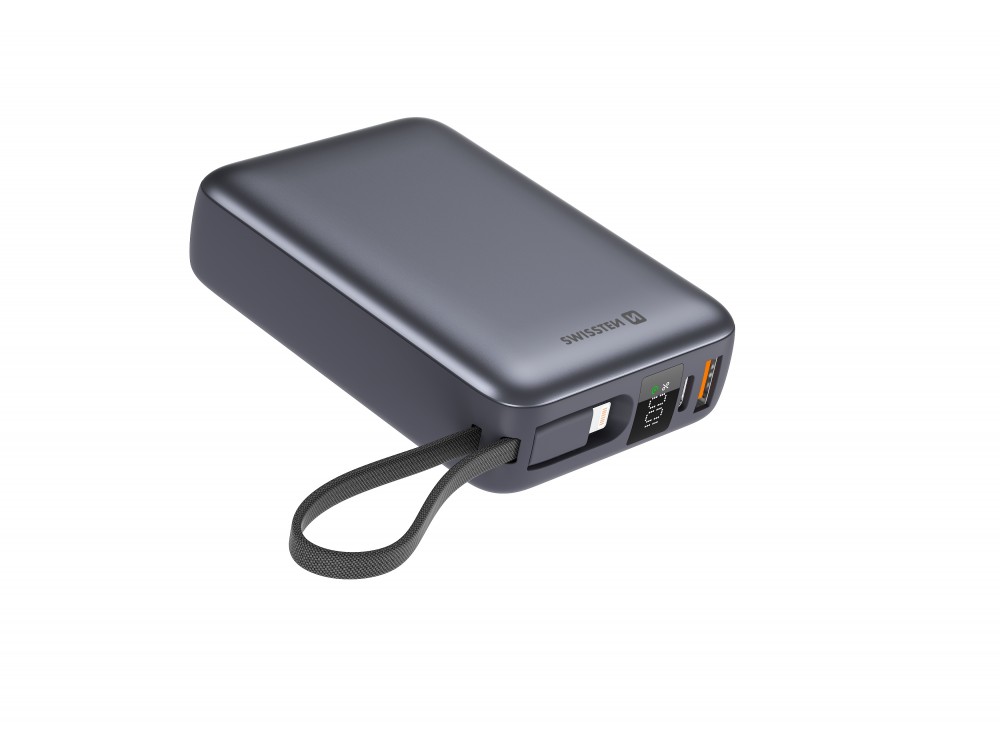 Swissten Space Power Bank 20.000mAh, 22.5W, με Θύρες USB-A, USB-C & 2 Ενσωματωμένα Καλώδια USB-C & Lightning, Black