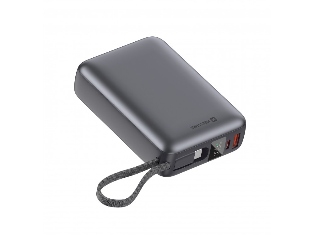 Swissten Space Power Bank 20.000mAh, 45W, με Θύρες USB-A, USB-C & Ενσωματωμένο Καλώδιο USB-C, Black