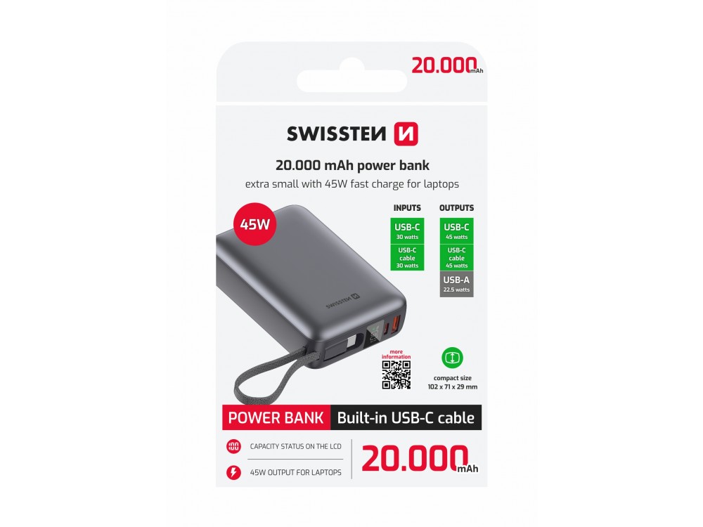 Swissten Space Power Bank 20.000mAh, 45W, με Θύρες USB-A, USB-C & Ενσωματωμένο Καλώδιο USB-C, Black