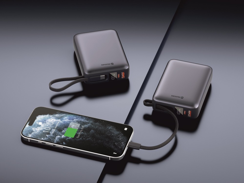 Swissten Space Power Bank 20.000mAh, 45W, με Θύρες USB-A, USB-C & Ενσωματωμένο Καλώδιο USB-C, Black