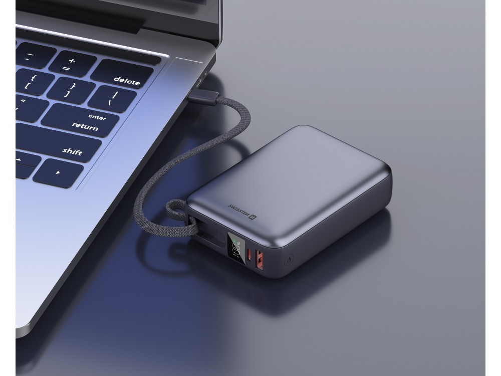 Swissten Space Power Bank 20.000mAh, 45W, με Θύρες USB-A, USB-C & Ενσωματωμένο Καλώδιο USB-C, Black