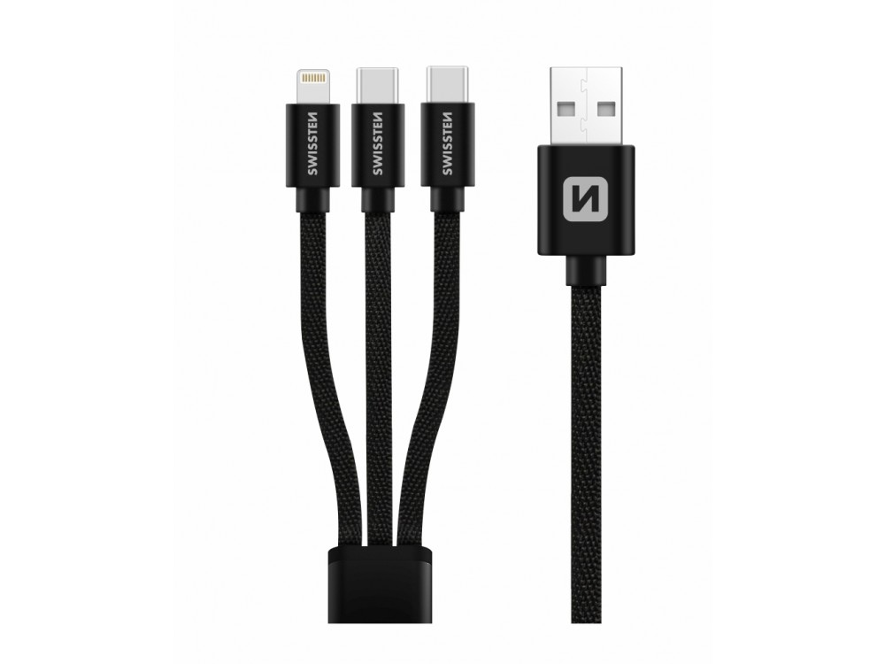 Swissten TEXTILE 3-in-1 Καλώδιο USB-A σε Lightning / Type-C * 2, 1.2m με Ναϋλον Ύφανση - Μαύρο