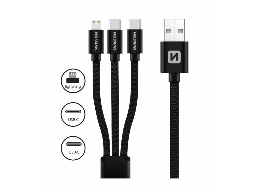 Swissten TEXTILE 3-in-1 Καλώδιο USB-A σε Lightning / Type-C * 2, 1.2m με Ναϋλον Ύφανση - Μαύρο