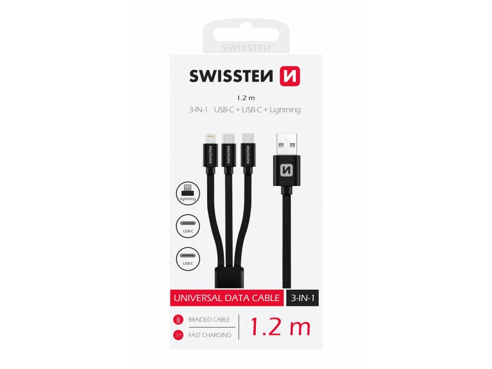 Swissten TEXTILE 3-in-1 Καλώδιο USB-A σε Lightning / Type-C * 2, 1.2m με Ναϋλον Ύφανση - Μαύρο