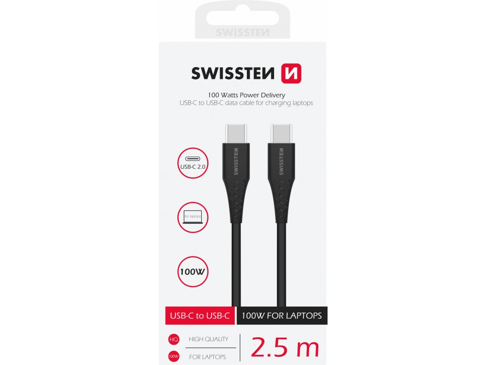 Swissten USB-C σε USB-C Καλώδιο 2.5μ. 100W με Υποστήριξη PD3.0/QC4.0/FCP, Black