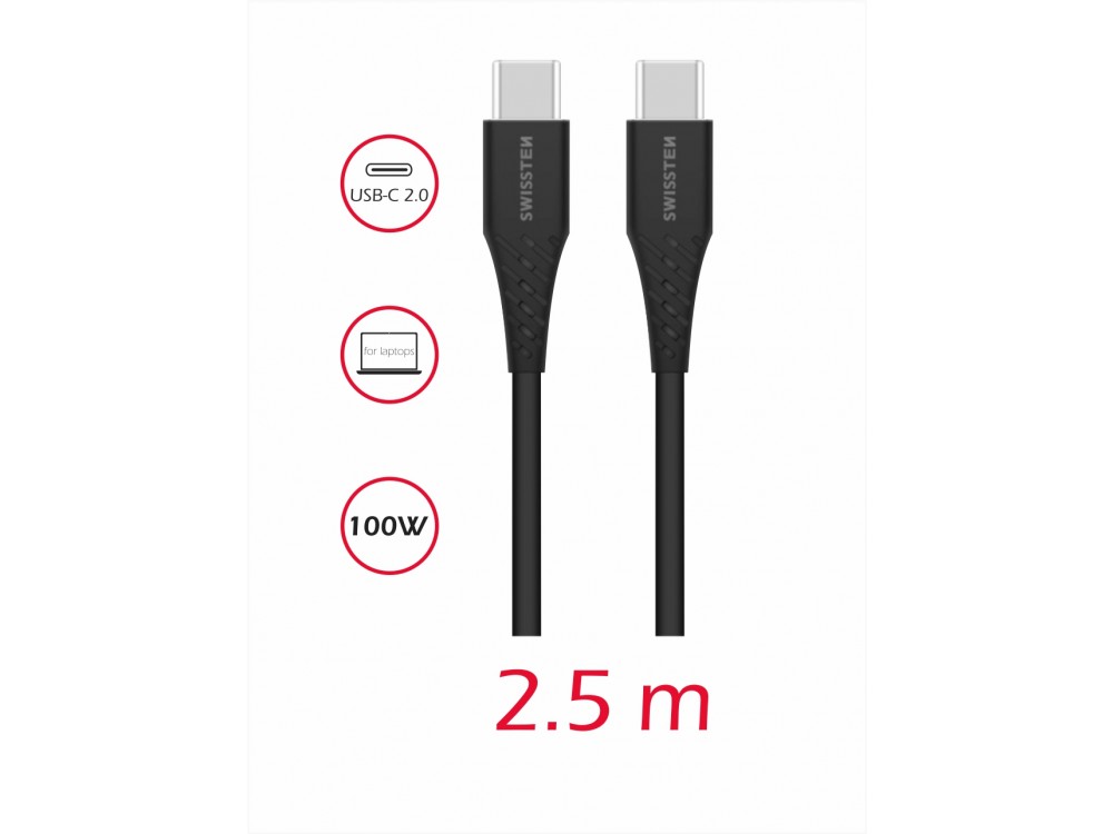 Swissten USB-C σε USB-C Καλώδιο 2.5μ. 100W με Υποστήριξη PD3.0/QC4.0/FCP, Black