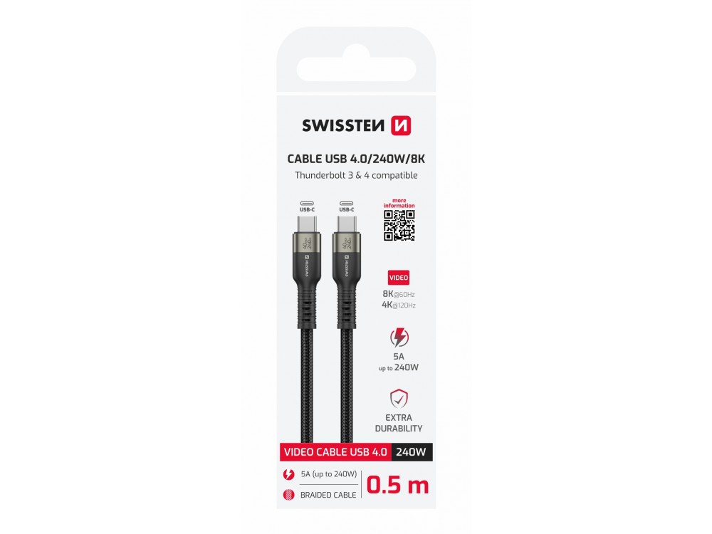 Swissten USB4.0 Καλώδιο USB-C σε USB-C 0.5μ. 240W / 40Gbps, USB 4.0, 8K@60Hz με Νάυλον Ύφανση, Black