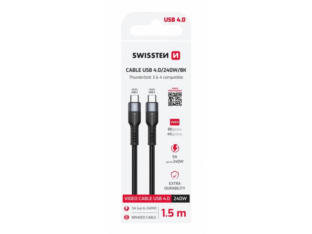 Swissten USB4.0 Καλώδιο USB-C σε USB-C 1.5μ. 240W / 40Gbps, USB 4.0, 8K@60Hz με Νάυλον Ύφανση, Black