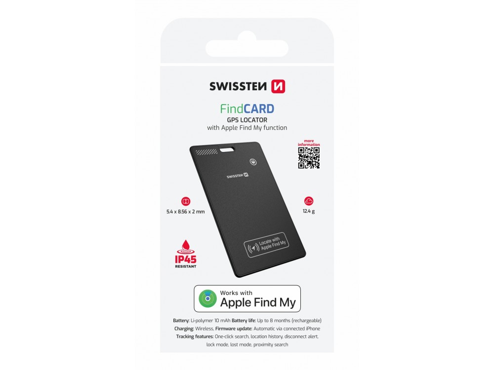 Swissten Ultra Slim Find Card Smart Locator, Apple Find My Tracker Επαναφορτιζόμενο, Black