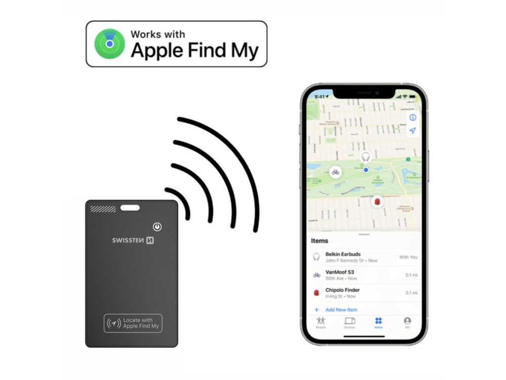 Swissten Ultra Slim Find Card Smart Locator, Apple Find My Tracker Επαναφορτιζόμενο, Black