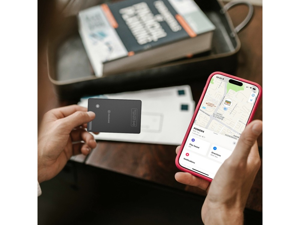 Swissten Ultra Slim Find Card Smart Locator, Apple Find My Tracker Επαναφορτιζόμενο, Black
