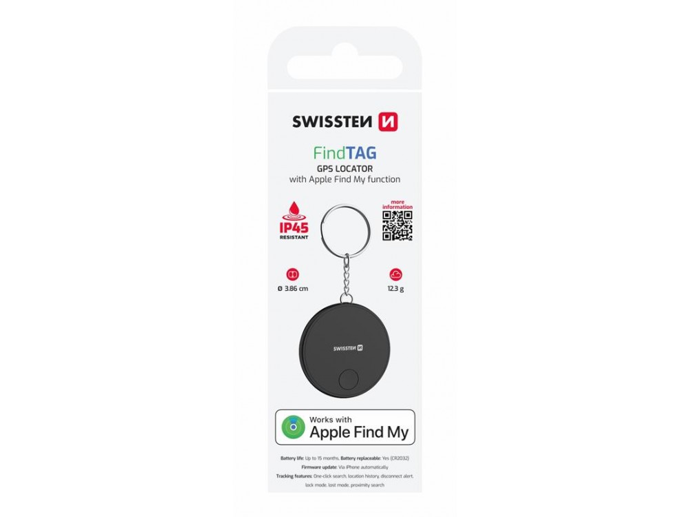 Swissten Ultra Slim Find Tag Smart Locator, Apple Find My Tracker Επαναφορτιζόμενο, Black