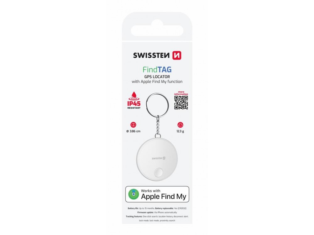 Swissten Ultra Slim Find Tag Smart Locator, Apple Find My Tracker Επαναφορτιζόμενο, White