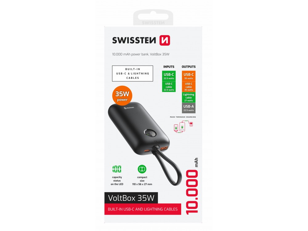 Swissten Voltbox 10000 USB-C PD 35W Power Bank 10.000mAh με 2 Built-in Καλώδια (Type-C / Lightning) & LED Οθόνη, Black