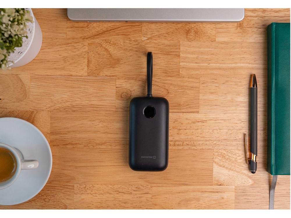 Swissten Voltbox 10000 USB-C PD 35W Power Bank 10.000mAh με 2 Built-in Καλώδια (Type-C / Lightning) & LED Οθόνη, Black